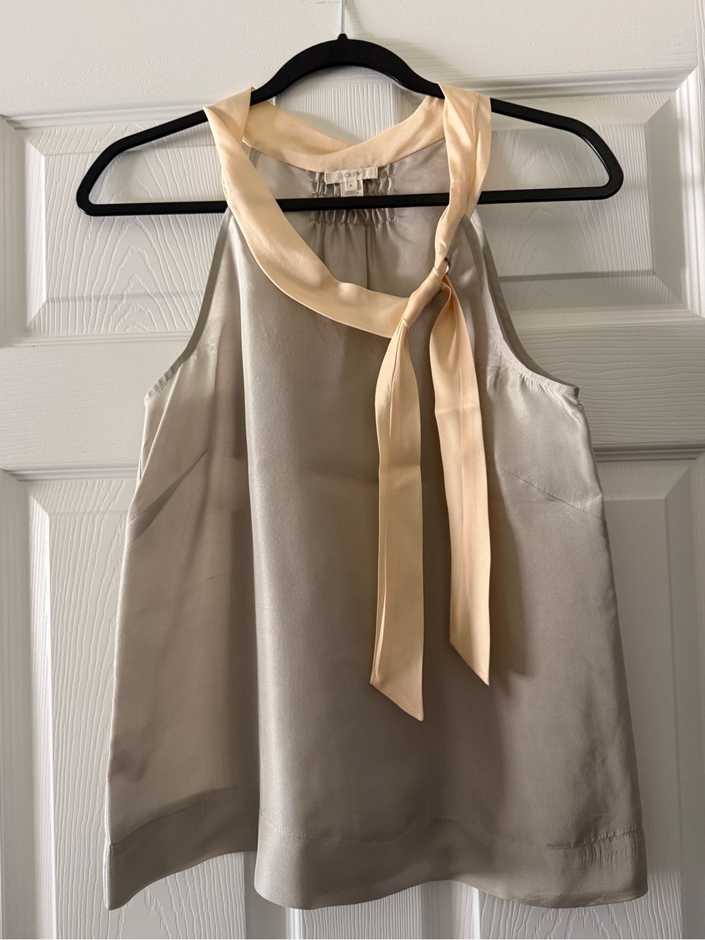 J. Crew Grey Silk Top with Beige Tie-Neck Detail